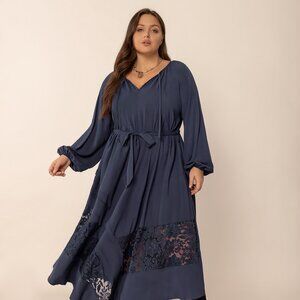 Plus Size Lace Detail Tie Neck Long Sleeve Midi Dress